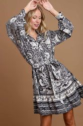 Umgee Full Size Two Tone Floral Border Print Tie Waist Mini Dress Plus Size OutfitFlow